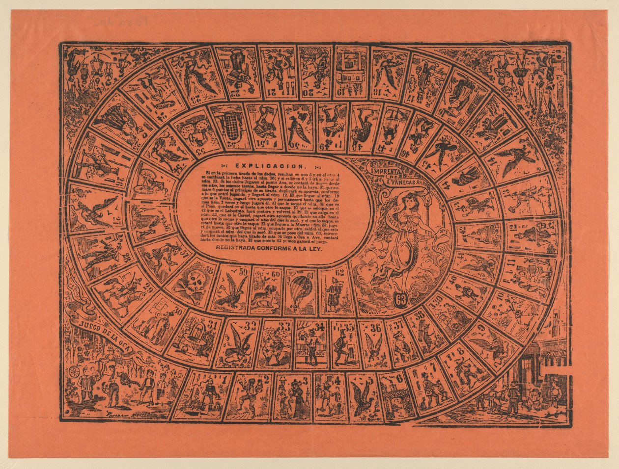 Gänsespiel (mit den Regeln in der Mitte gedruckt) de José Guadalupe Posada