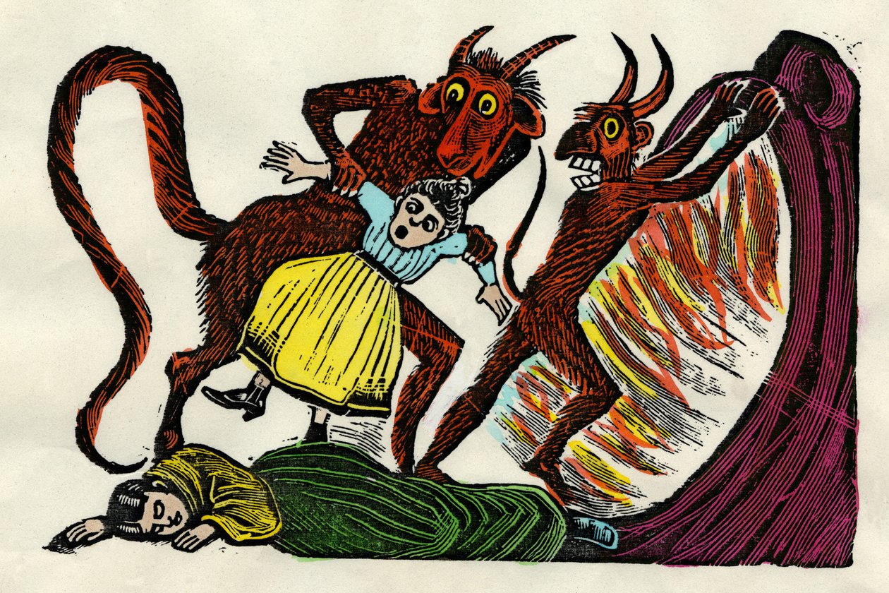 José Guadalupe Posada (1852 - 1913). Josephina Lora é arrastada para o Inferno por um demónio. Aguarela xilográfica, Cidade do México de Jose Guadalupe Posada