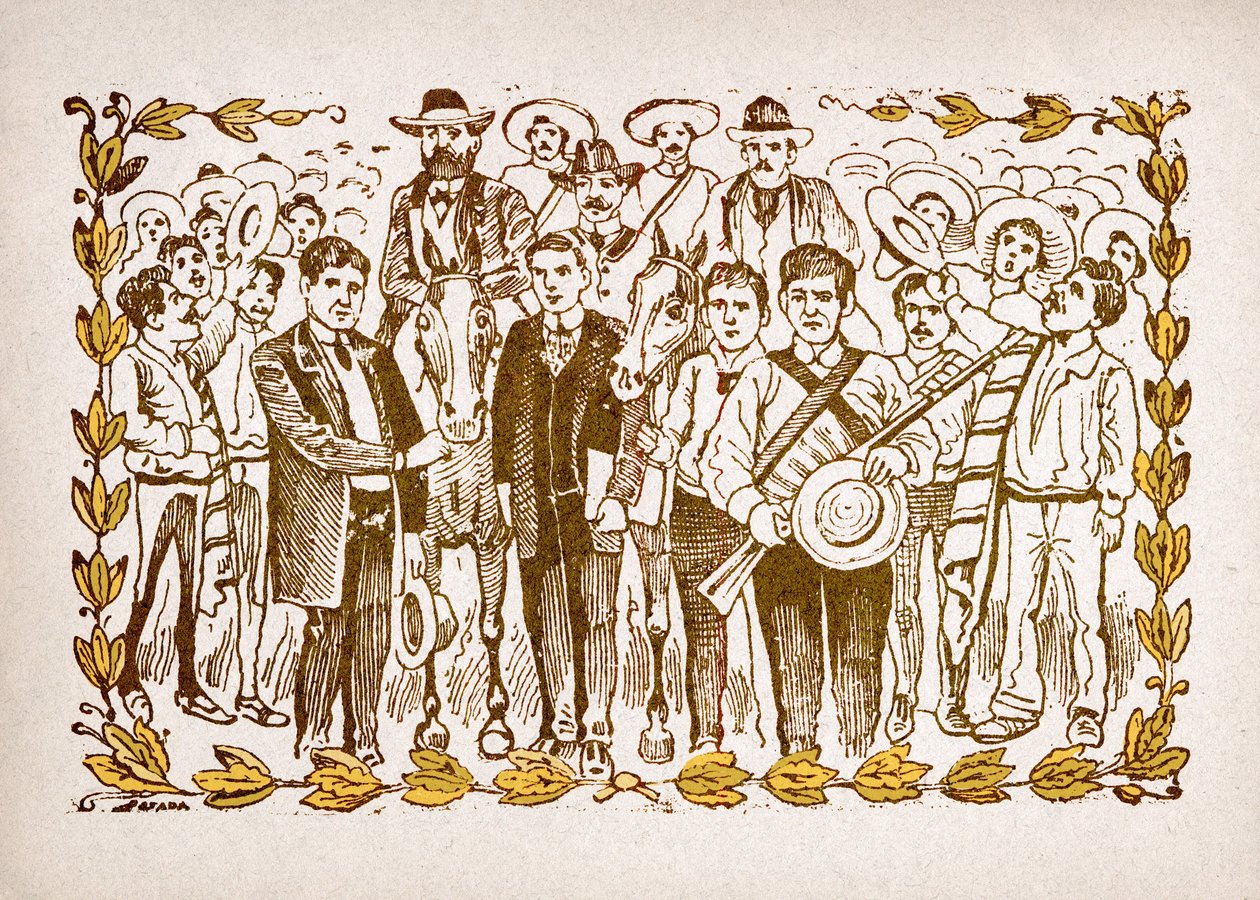 México, Revolução Mexicana: "" El Triunfo de Madero "" (Francisco Indalecio Madero Gonzalez (1873-1913) eleito presidente com o apoio dos revolucionários Villa e Zapata. Retrato a cavalo no meio da multidão dos seus seguidores. Gravura por de José Guadalupe Posada