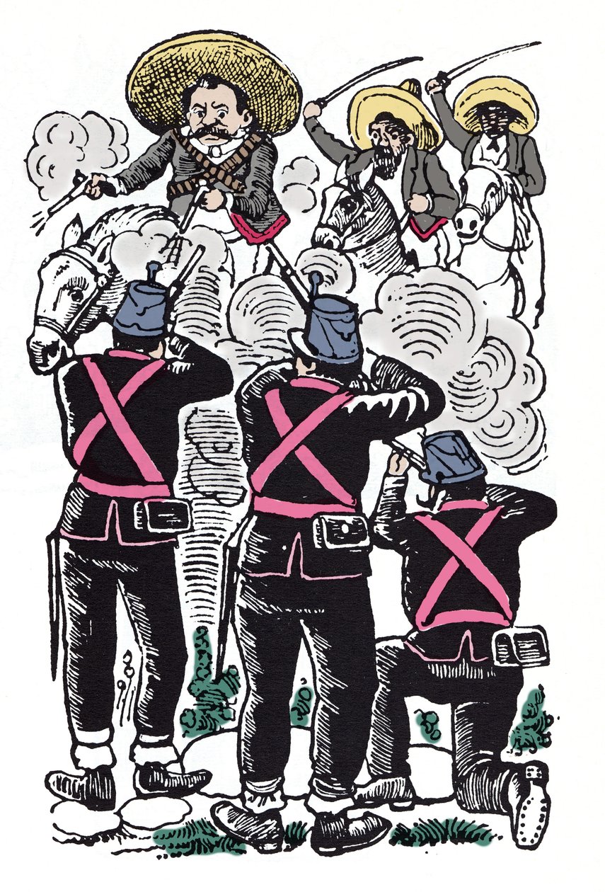 A Revolução Mexicana (1910-1920): a luta dos federais contra as tropas revolucionárias de Emiliano Zapata (Emiliano Zapata Salazar conhecido como El Caudillo del Sur) de José Guadalupe Posada