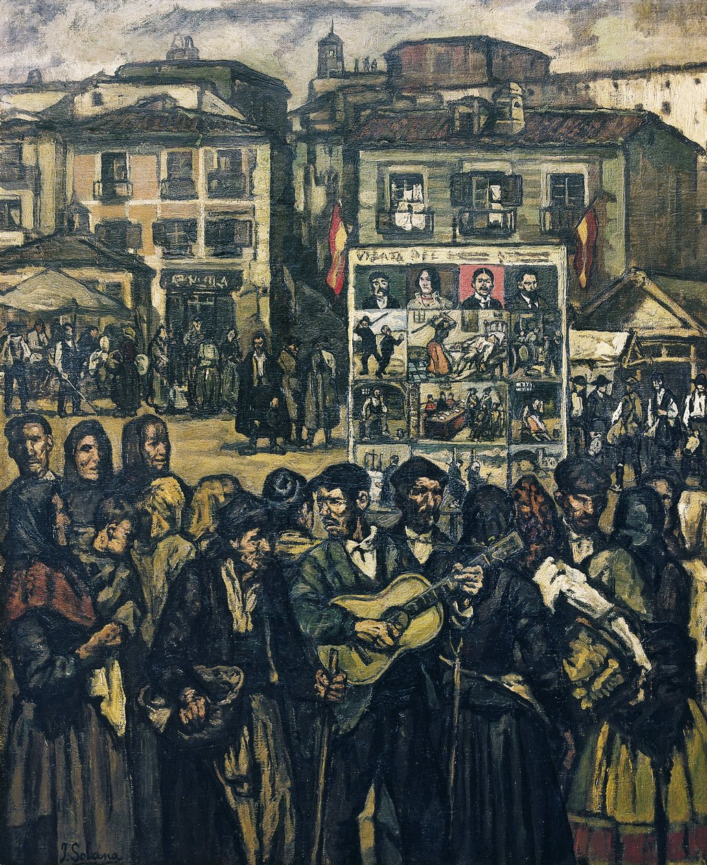 GUTIERREZ SOLANA, José (1886-1945). El cartel del crimen (El musico ciego) - o cartel do crime (o músico cego). ca. 1920. (78 x 64 cm). Óleo sobre tela. Coleção particular de Jose Gutierrez Solana