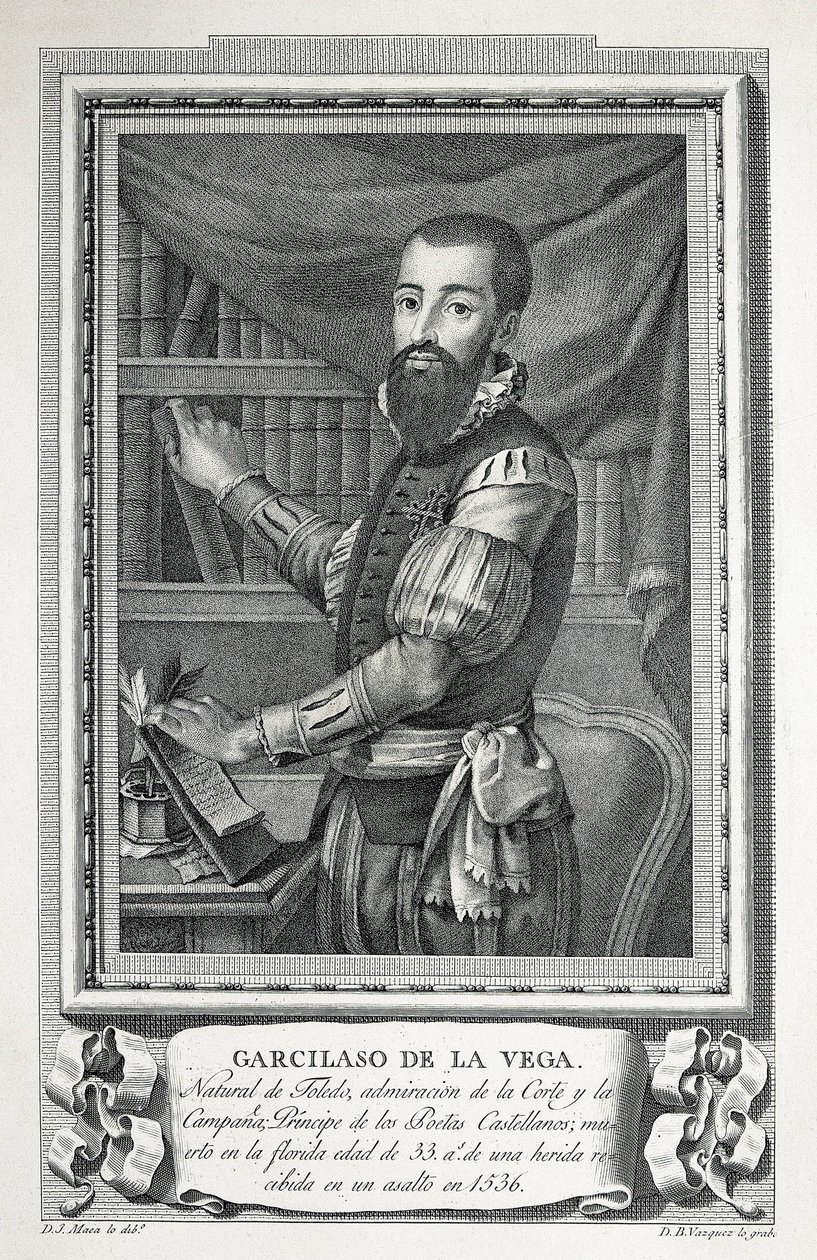MAEA, José (1760-1826). Retrato de Garcilaso de la Vega. 1791. Desenho de Jose Maea gravado a buril por Bartolome Vazquez. Gravura. de Jose Maea