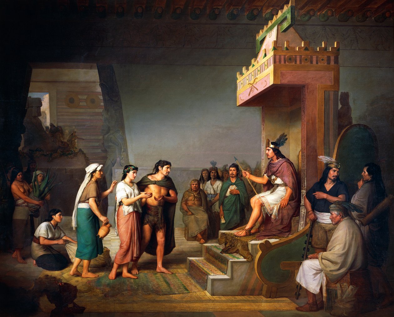 Descoberta de pulque, bebida alcoólica mesoamericana, óleo sobre tela por José Maria Obregon (1832-1902) de José María Obregón
