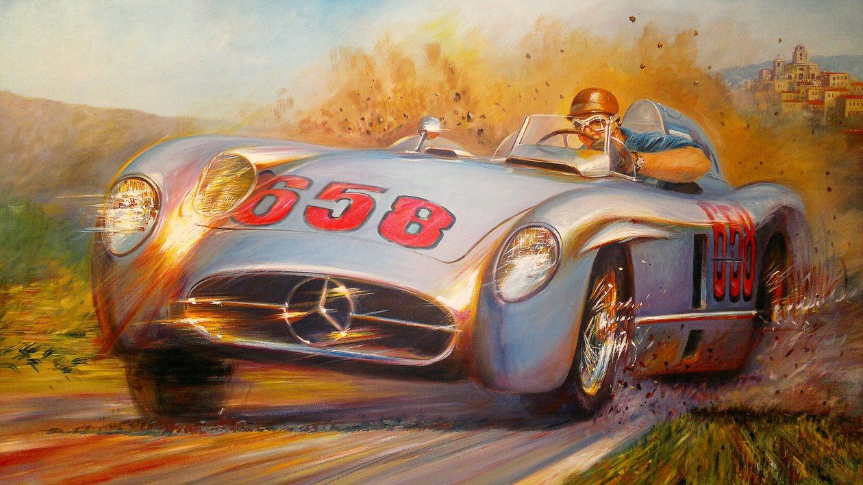 En la Mille Miglia, Juan Manuel Fangio, Mercedes Benz 300 SL de Jose Maria Villafuerte