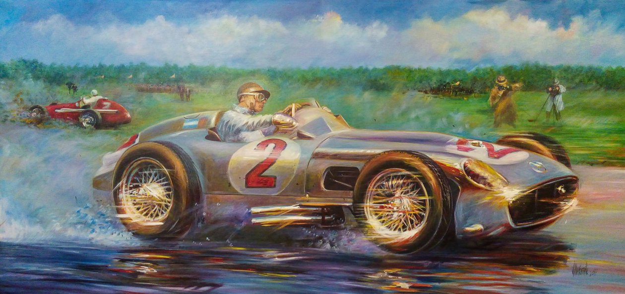 Juan Manuel Fangio, Gran Premio Ciudad de Buenos Aires 1955, Argentina, Mercedes Benz 196 W. (acrílico sobre tela) de Jose Maria Villafuerte
