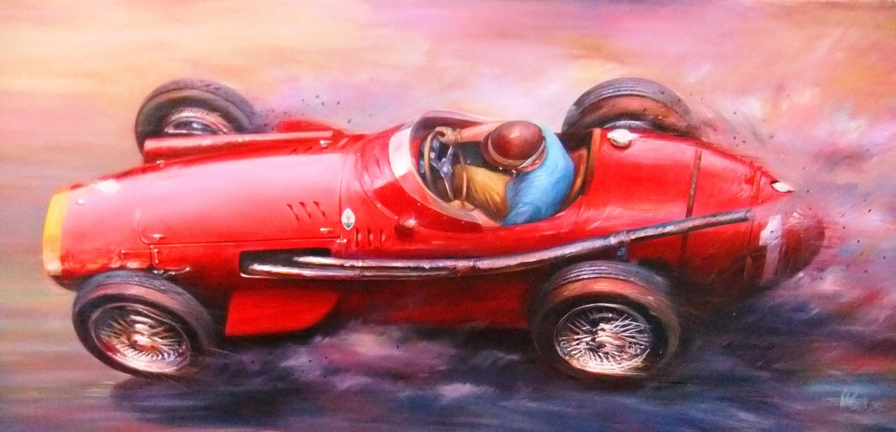 Juan Manuel Fangio, Mille Miglia 1953, Alfa Romeo 6C3,000cc (acrílico sobre tela) de Jose Maria Villafuerte