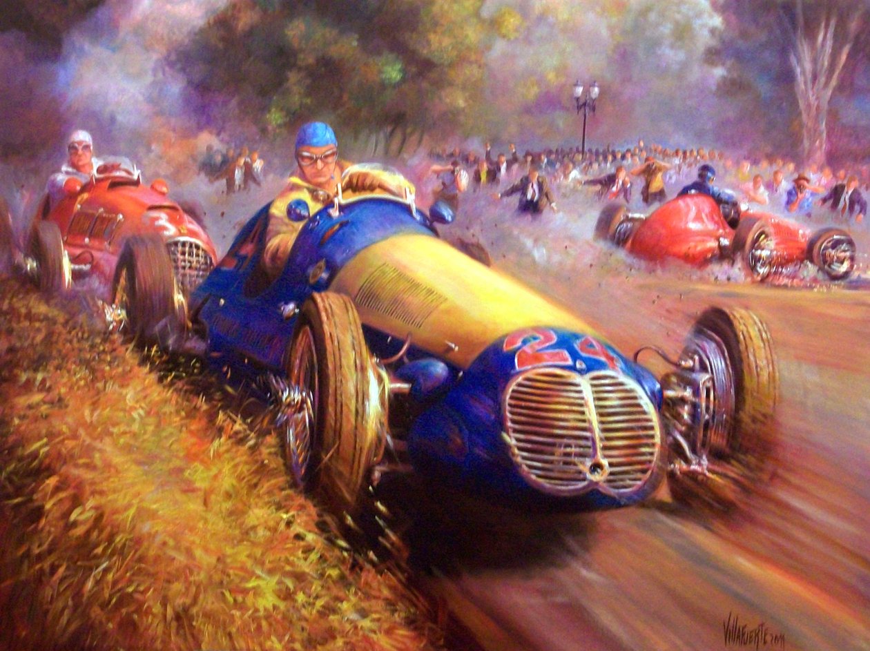 Juan Manuel Fangio conduzindo o Maserati 4Cl A floresta de Palermo Buenos aires de Jose Maria Villafuerte