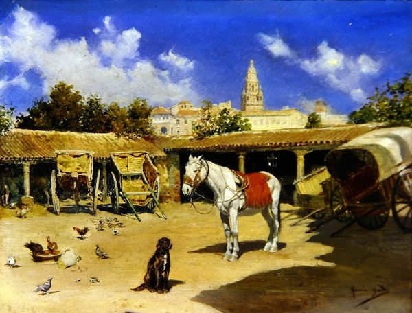Um pátio em Murcia, com torre da Catedral (óleo sobre painel) de Jose Marin Baldo