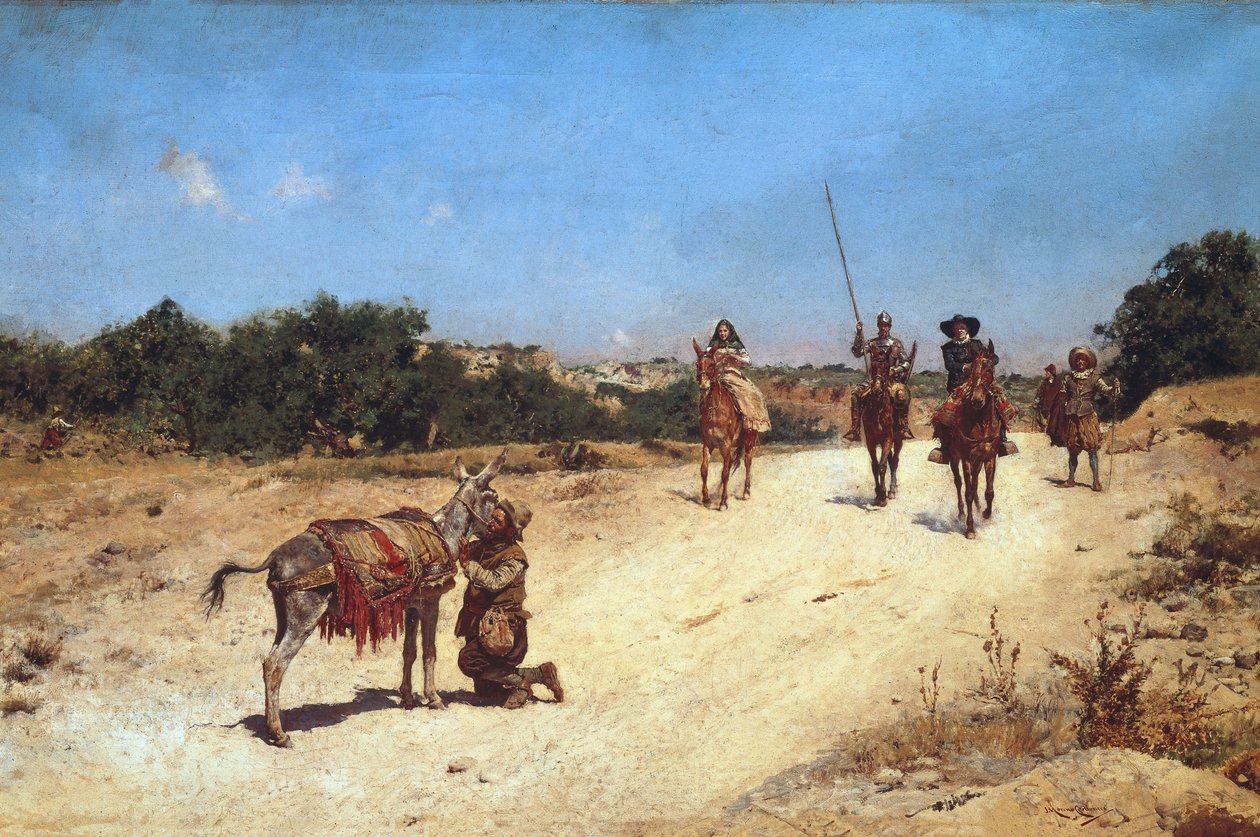O encontro de Sancho Panza e seu burro Rucio, Ilustração de Dom Quixote, c.1878 (óleo sobre tela) de Jose Moreno Carbonero