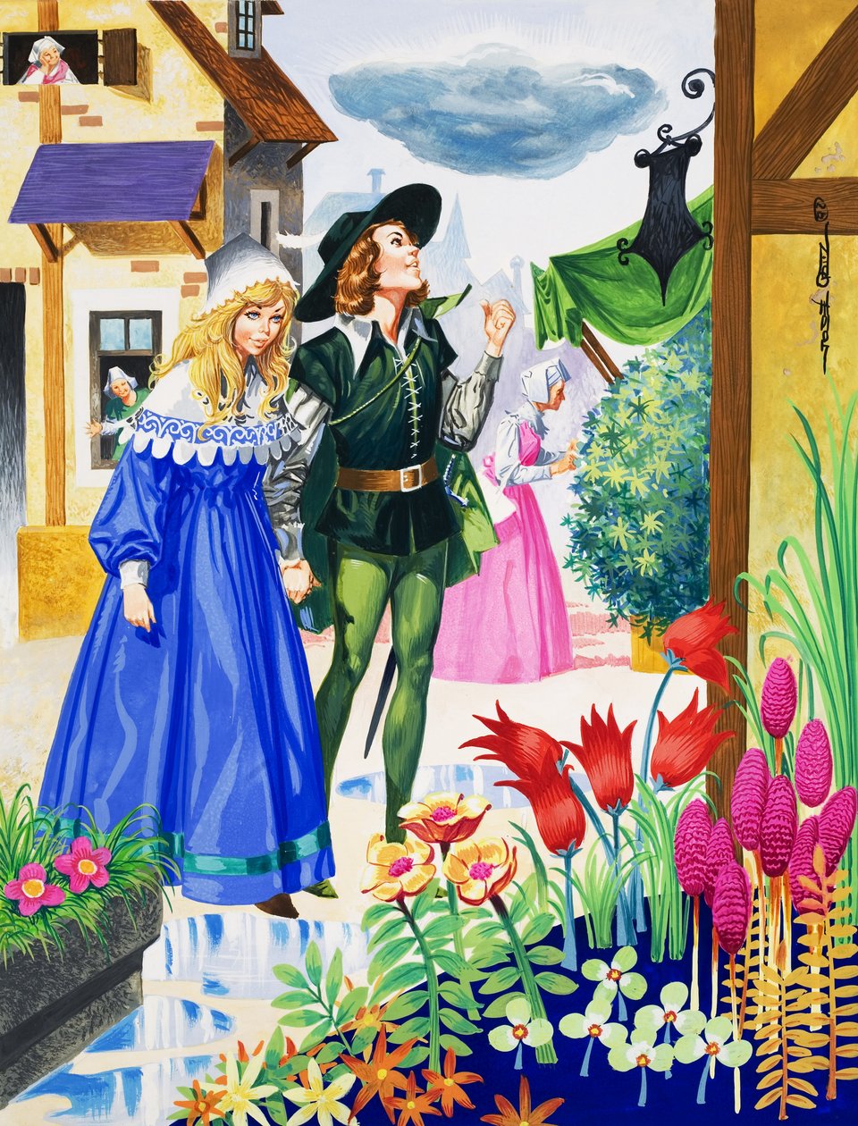 Casal a admirar flores (guache sobre papel) de Jose Ortiz