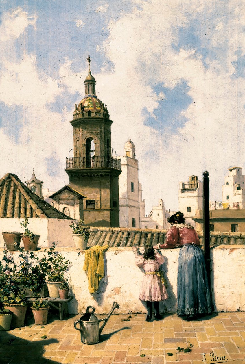Terraço de telhado em Cádiz. Uma mãe e uma filha provavelmente regando as plantas com o regador no meio do terraço. Pintura de José PEREZ SIGUIMBOSCUM (século XIX), final do século XIX Óleo sobre tela. Cádis, Museo Provincial de Cádis. de Jose Perez Siguimboscum