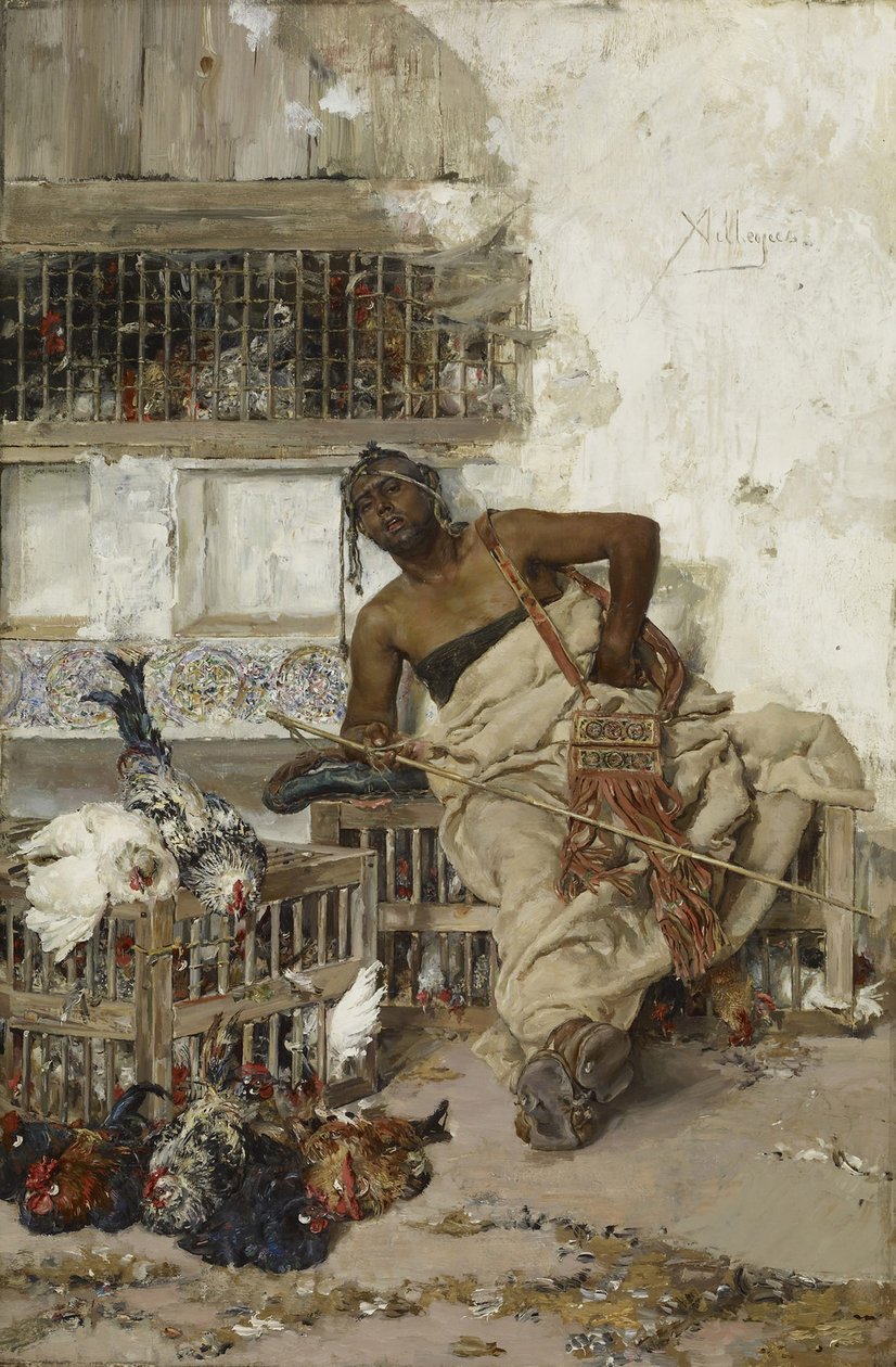 Mercado de Aves, Tânger, c.1881 (óleo sobre madeira) de Jose Villegas Cordero