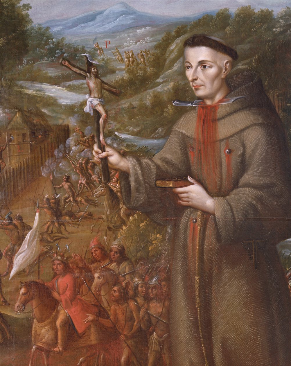 Destruição pelos índios da missão de St. Saba no Texas e martírio do frade franciscano José de Sanriesban (detalhe) (óleo sobre tela) de Jose de or Joseph Paez