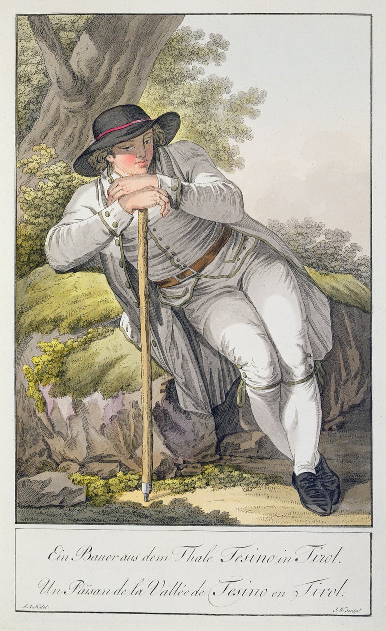 Um camponês do vale de Tesino no Tirol, de uma coleção de 24 chapas de cor, publicado em c.1800 de Josef Anton Kapeller