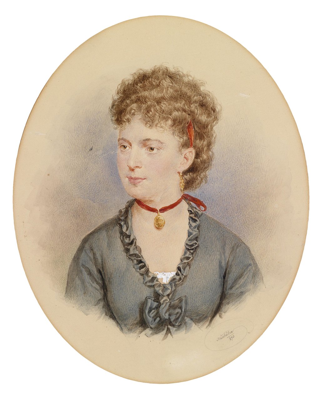 Retrato, de, um, mulher jovem, com, colarinho vermelho, e, medalhão de Josef Nikolaus Kriehuber