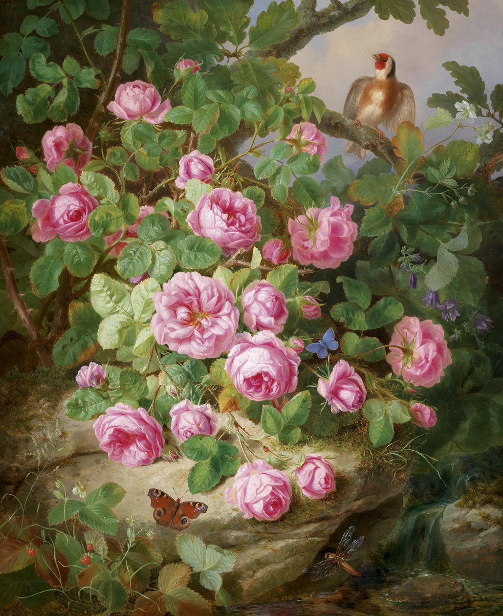 Rose ainda vida com borboletas e pássaros de Josef Lauer