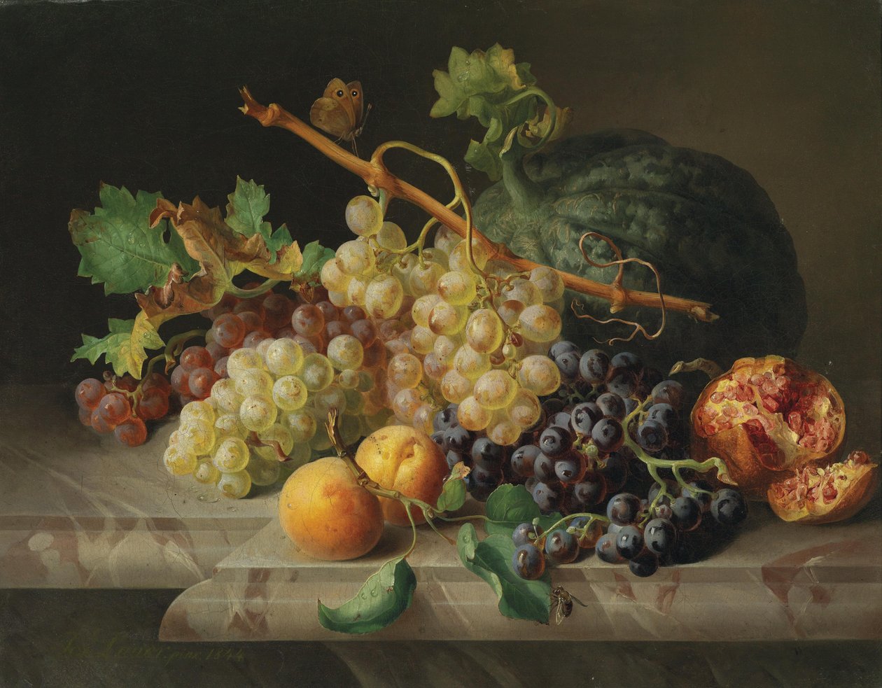 Ainda vida com romã, uvas e melão de Josef Lauer