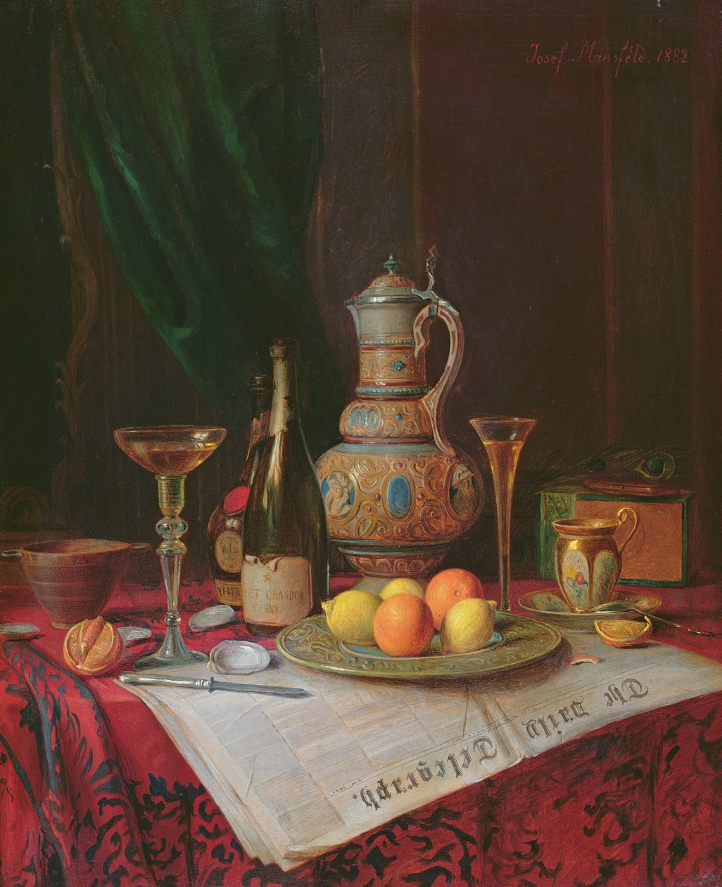 Ainda vida com uma garrafa de champanhe, 1882 (painel) de Josef Mansfeld