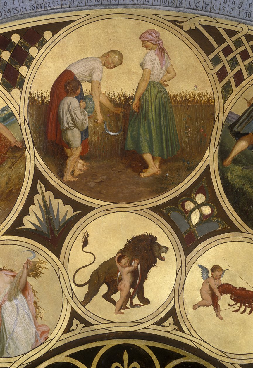 Placa de calendário do relógio astronômico de Praga - julho de 1865-66 (óleo em chapa de cobre) de Josef Mánes