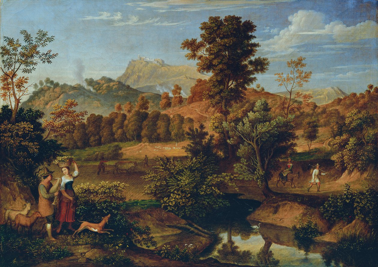 Paisagem italiana com um camponês arando (O Serpentara perto de Olevano, Paisagem perto de Paliano) de Josef Anton Koch