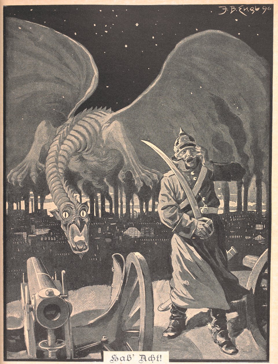 Desenho para o poema "Like Night". Um dragão sendo produzido pela fumaça das fábricas, atrás de um soldado alemão. Uma cena surreal. de Josef Benedikt engl