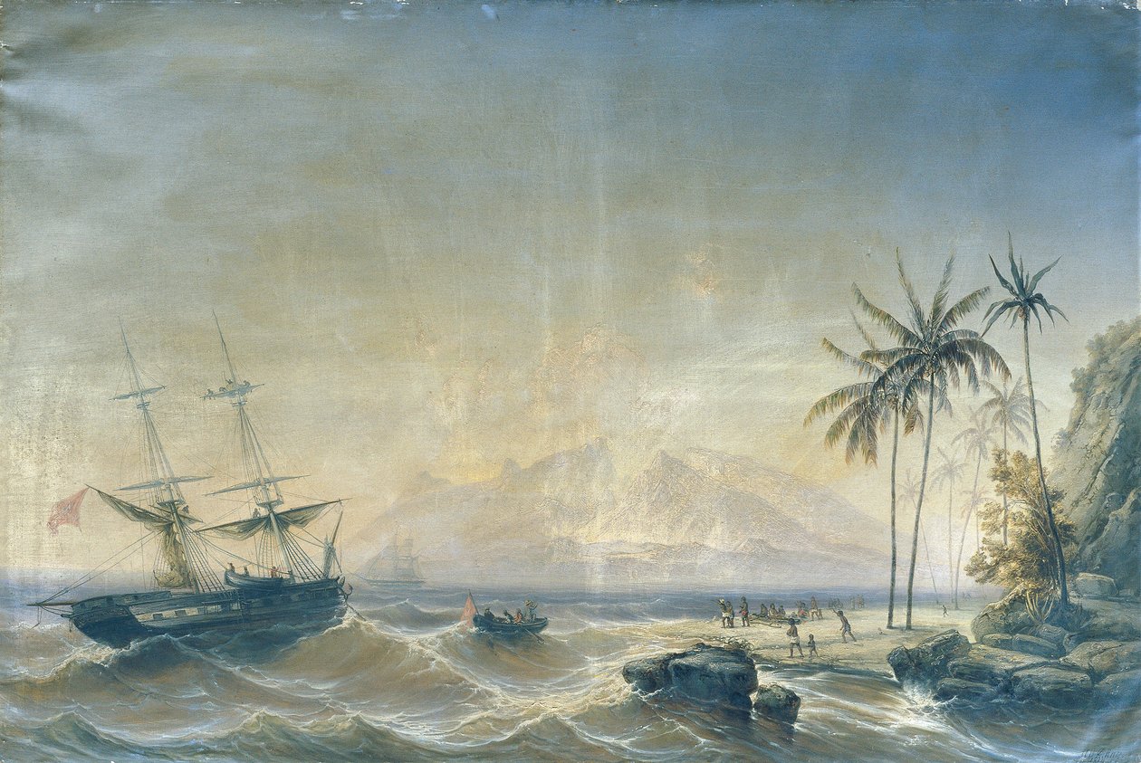 Navio de guerra ao largo das Ilhas do Mar do Sul de Josef Carl Berthold Püttner