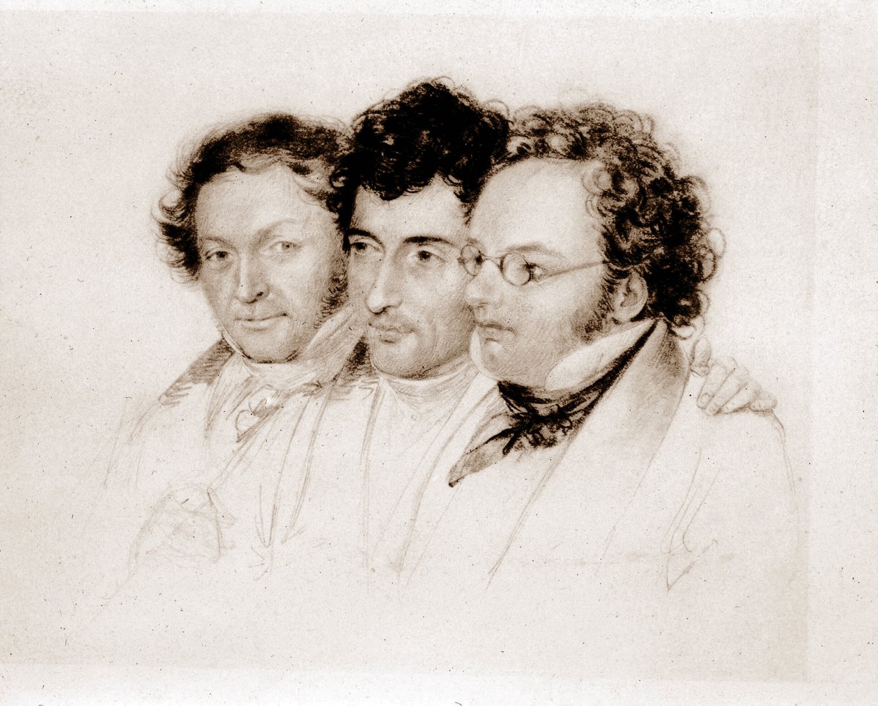 Da esquerda para a direita: Jenger, Httenbrenner e F. Schubert. Acquarelle, de Feltscher. de Josef Eduard Teltscher