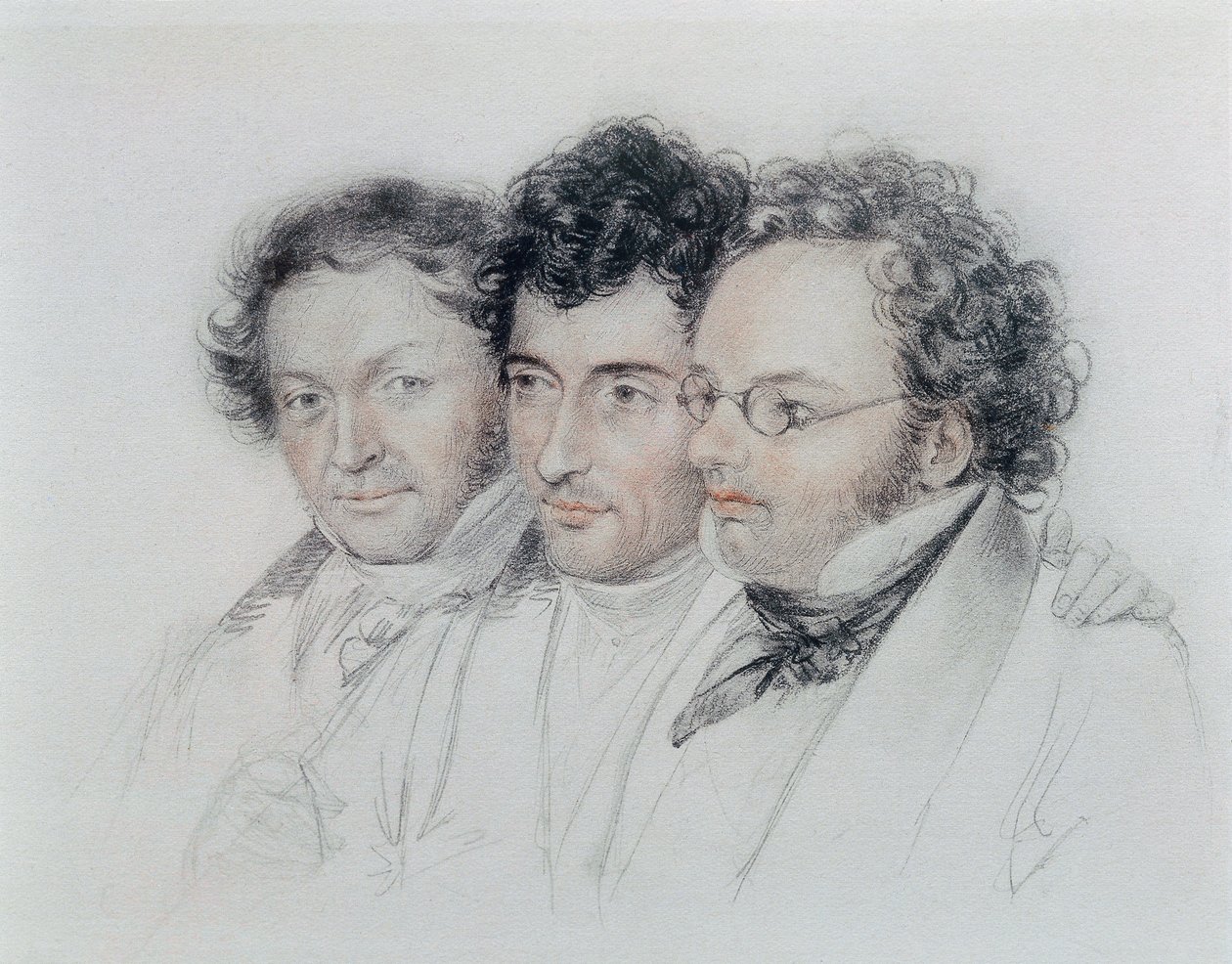 Da esquerda para a direita, amigos dos compositores Johann Baptist Jenger (1793-1856), Anselm Huttenbrenner (1794-1868) e Franz Schubert (1797-1828), pastel de Josef Teltscher de Josef Eduard Teltscher