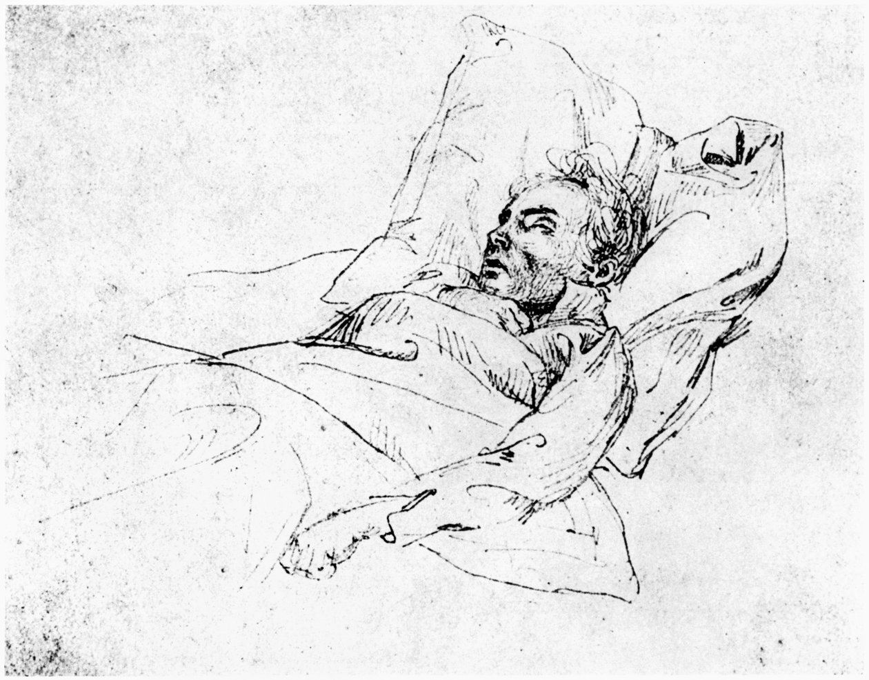 Ludwig van Beethoven (1770-1827) em seu leito de morte, 28 de março de 1827 (foto bw) de Josef Eduard Teltscher