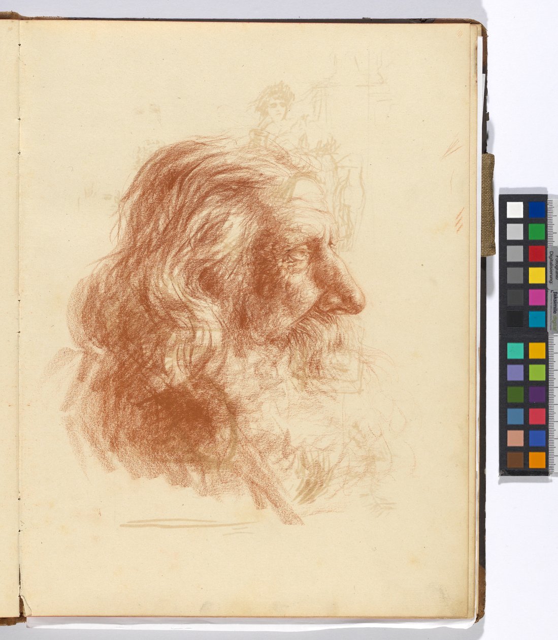 Página de um caderno de esboços: estudo de um homem barbudo (verso: estudos sobre uma figura feminina em traje e sobre um álbum de pintura) de Josef Engelhart