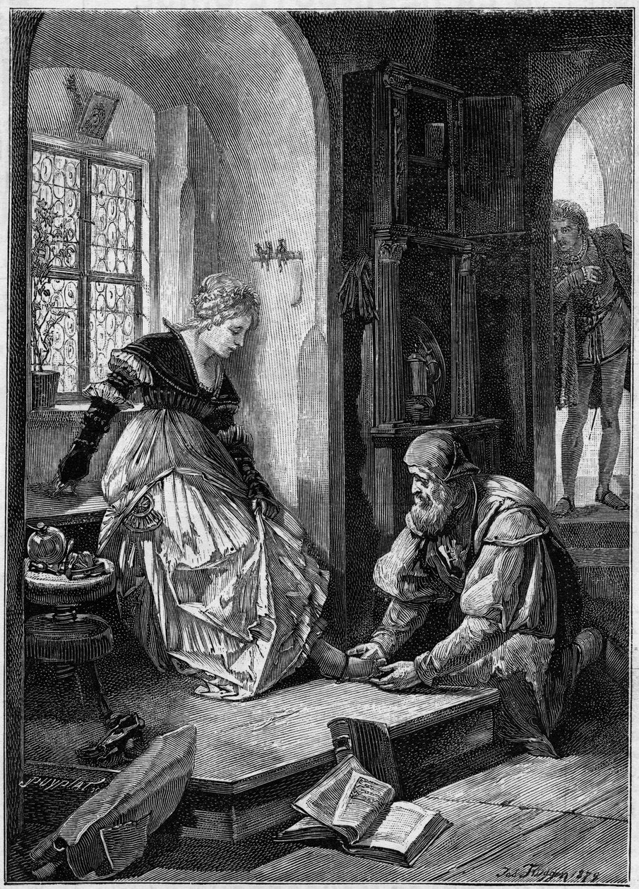 Eva na oficina de Hans Sachs (Acto III da ópera "Die Meistersinger von Nurnberg", em francês "Os Mestres Cantores de Nuremberga" de Richard Wagner, escrito em 1868) com base na pintura de Joseph Fluggen. Gravura em "O Mundo Ilustrado". de Josef Fluggen