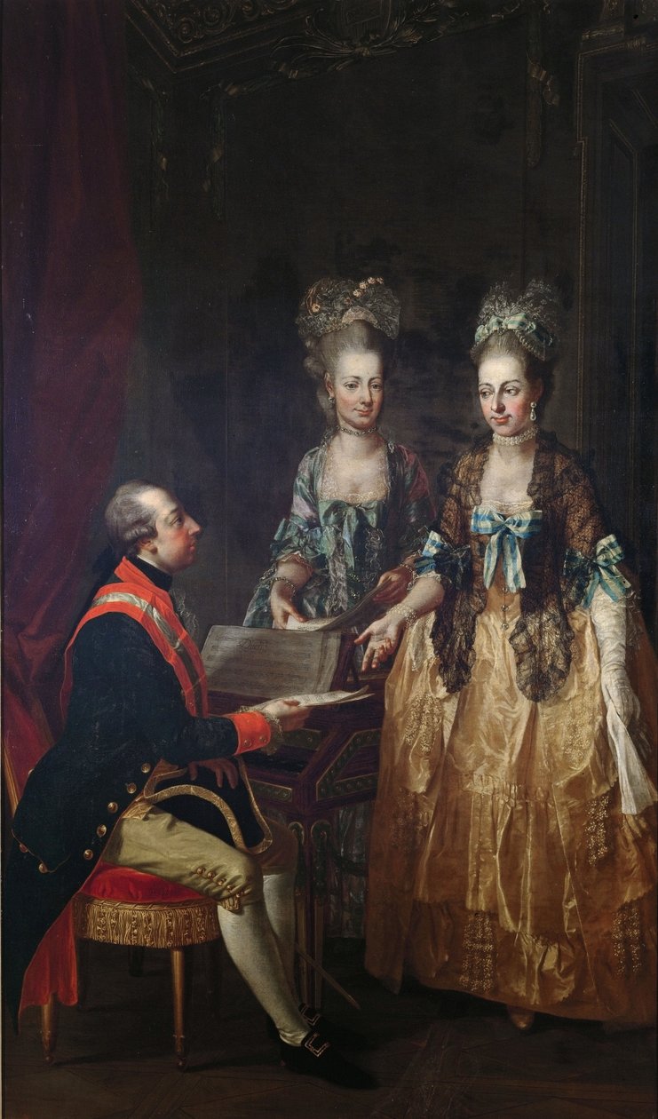 Retrato do Imperador José II na espineta com as suas irmãs Maria Elisabeth e Maria Anna. de Josef Hauzinger