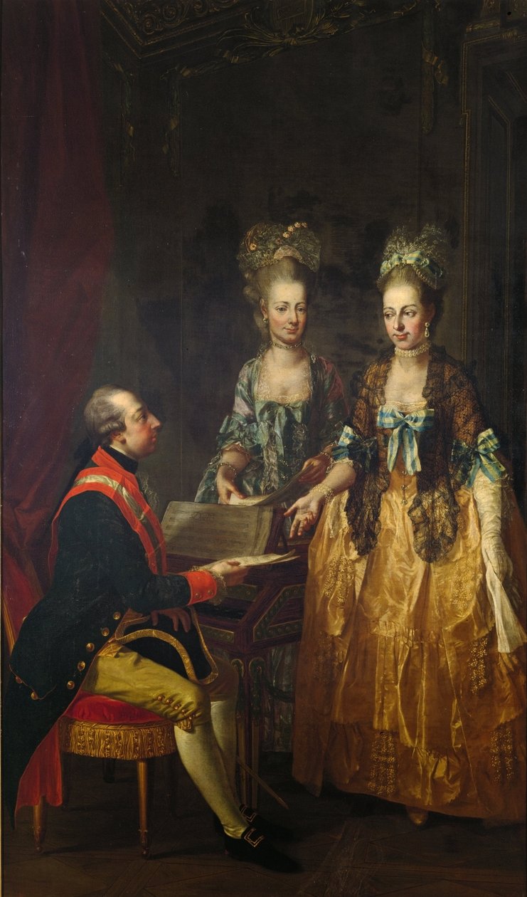 Retrato do Imperador José II na espineta com suas irmãs Maria Elisabeth e Maria Anna de Josef Hauzinger