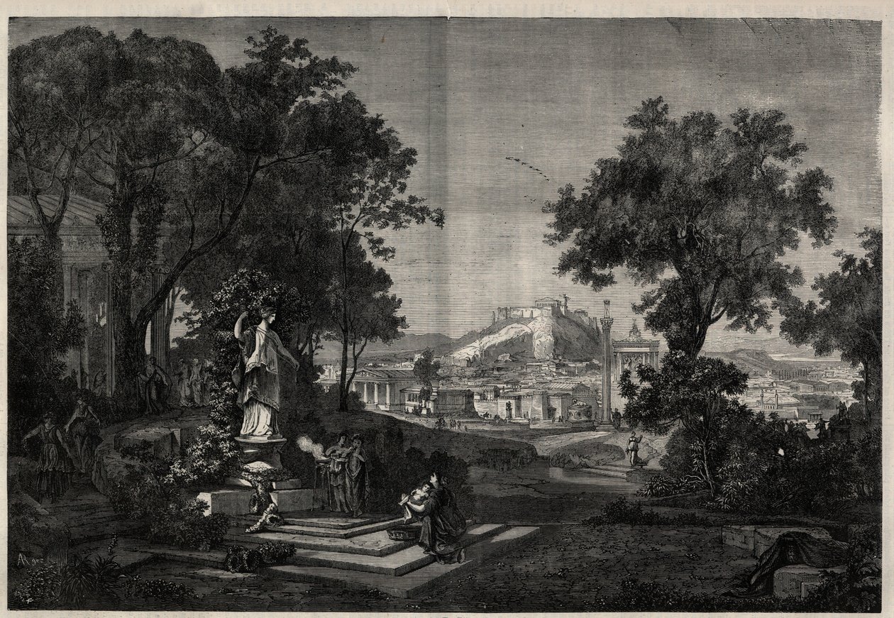 Grécia Antiga: vista para os jardins de Vénus a Athenes. Gravura depois de uma pintura de Joseph Hoffmann em "The Illustrous Universe". de Josef Hoffman