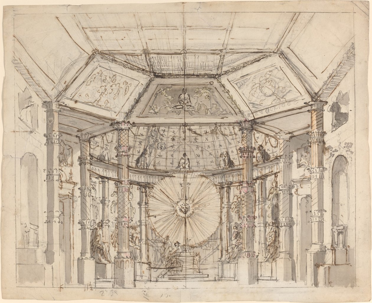 Design de palco para um interior de templo abobadado com um disco solar acima do altar de Josef Ignáz Platzer