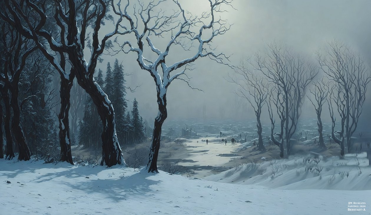 JJM recria Bierstadt-A: inverno em Yosemite (patinadores) de Josef Johann Michel