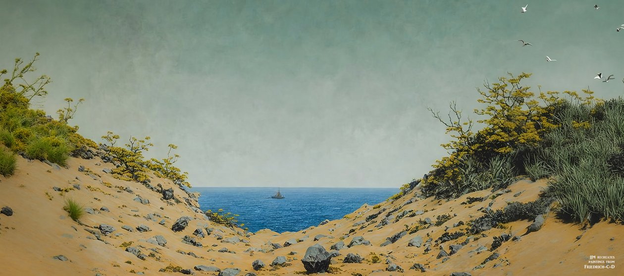 JJM recria Friedrich-C-D: Vista através de uma depressão na margem do rio (panorama) de Josef Johann Michel