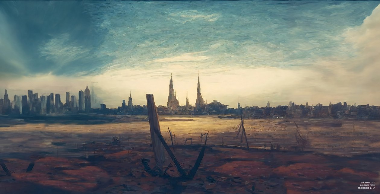 JJM recria Friedrich-C-D: Cidade ao nascer da lua (arranha-céus) de Josef Johann Michel