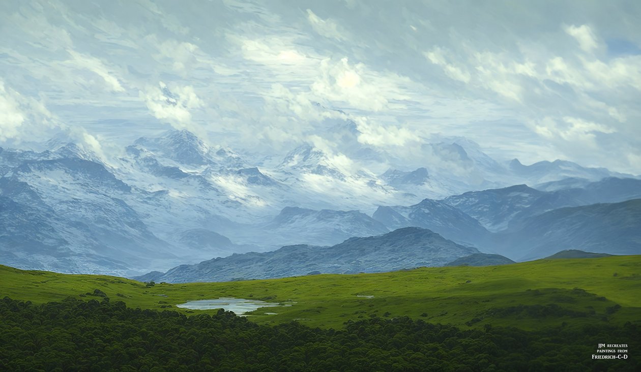 JJM recria Friedrich-C-D: Nuvens à deriva (Panorama alpino) de Josef Johann Michel
