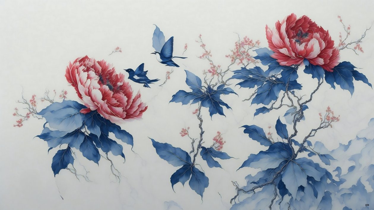 pintura a tinta: PEONY em azul_02 de Josef Johann Michel