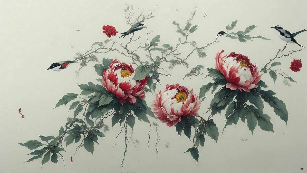 pintura a tinta: PEONY em verde_02 de Josef Johann Michel