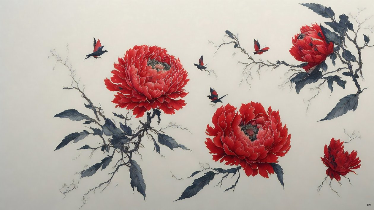 pintura a tinta: PEONY em vermelho_01 de Josef Johann Michel