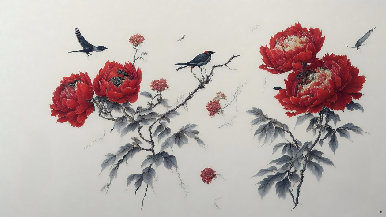 pintura a tinta: PEONY em vermelho_02 de Josef Johann Michel