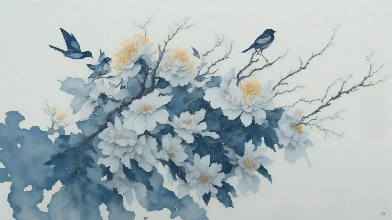 pintura a tinta: flor de crisântemo em azul_02 de Josef Johann Michel