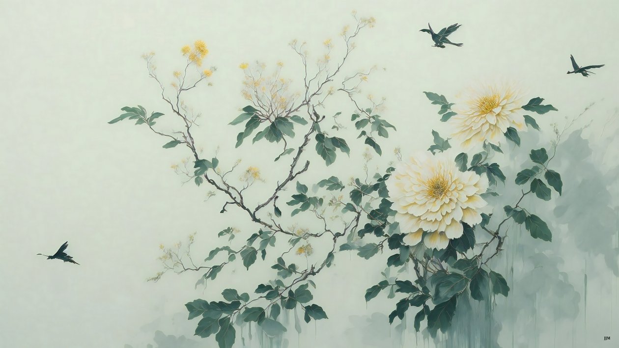 pintura a tinta: flor de crisântemo em verde_01 de Josef Johann Michel