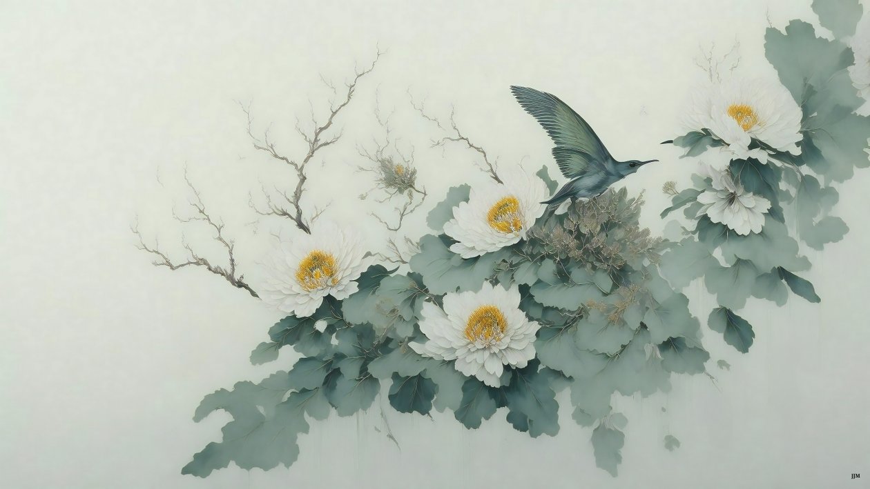 pintura a tinta: flor de crisântemo em verde_02 de Josef Johann Michel