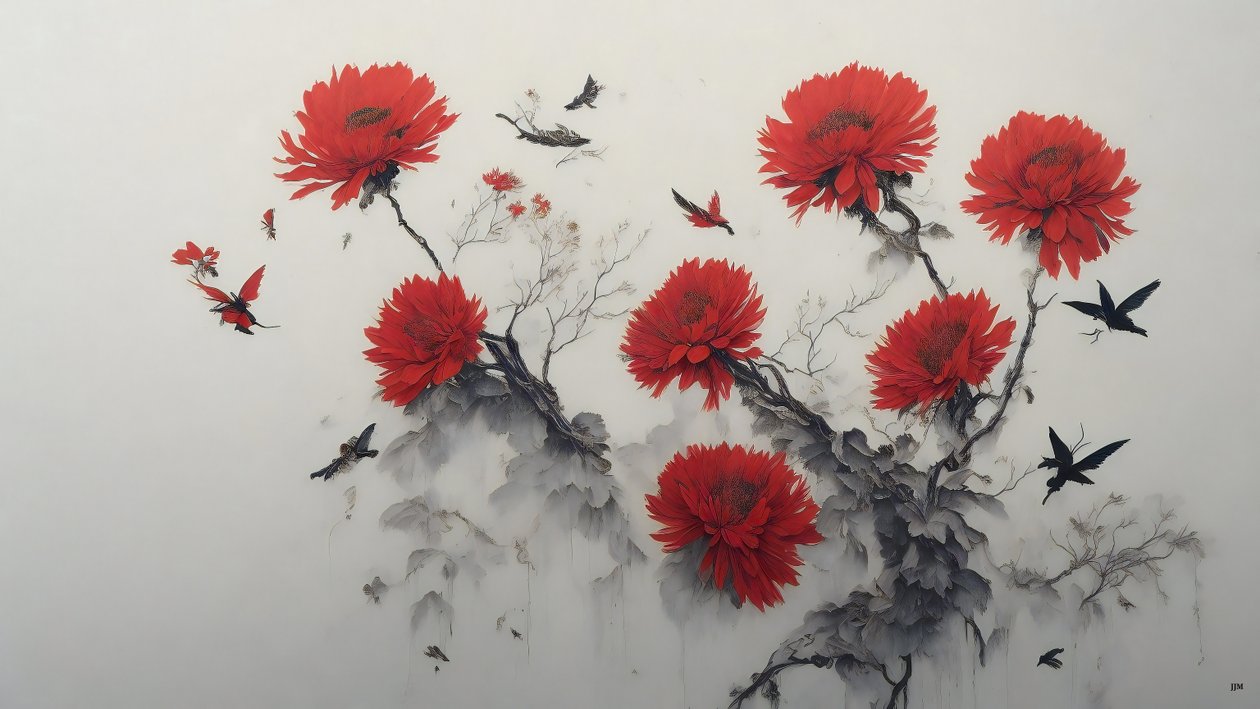 pintura a tinta: flor de crisântemo em vermelho_01 de Josef Johann Michel