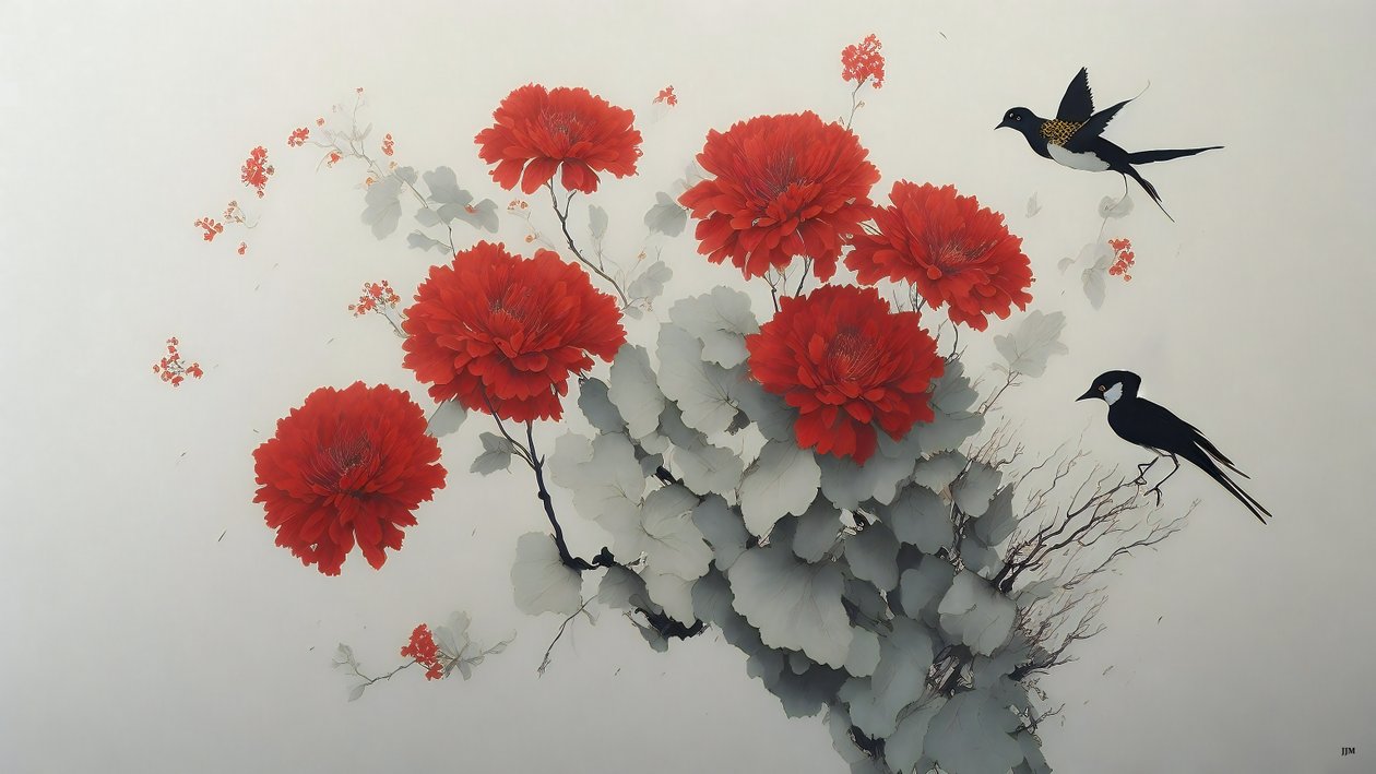 pintura a tinta: flor de crisântemo em vermelho_02 de Josef Johann Michel