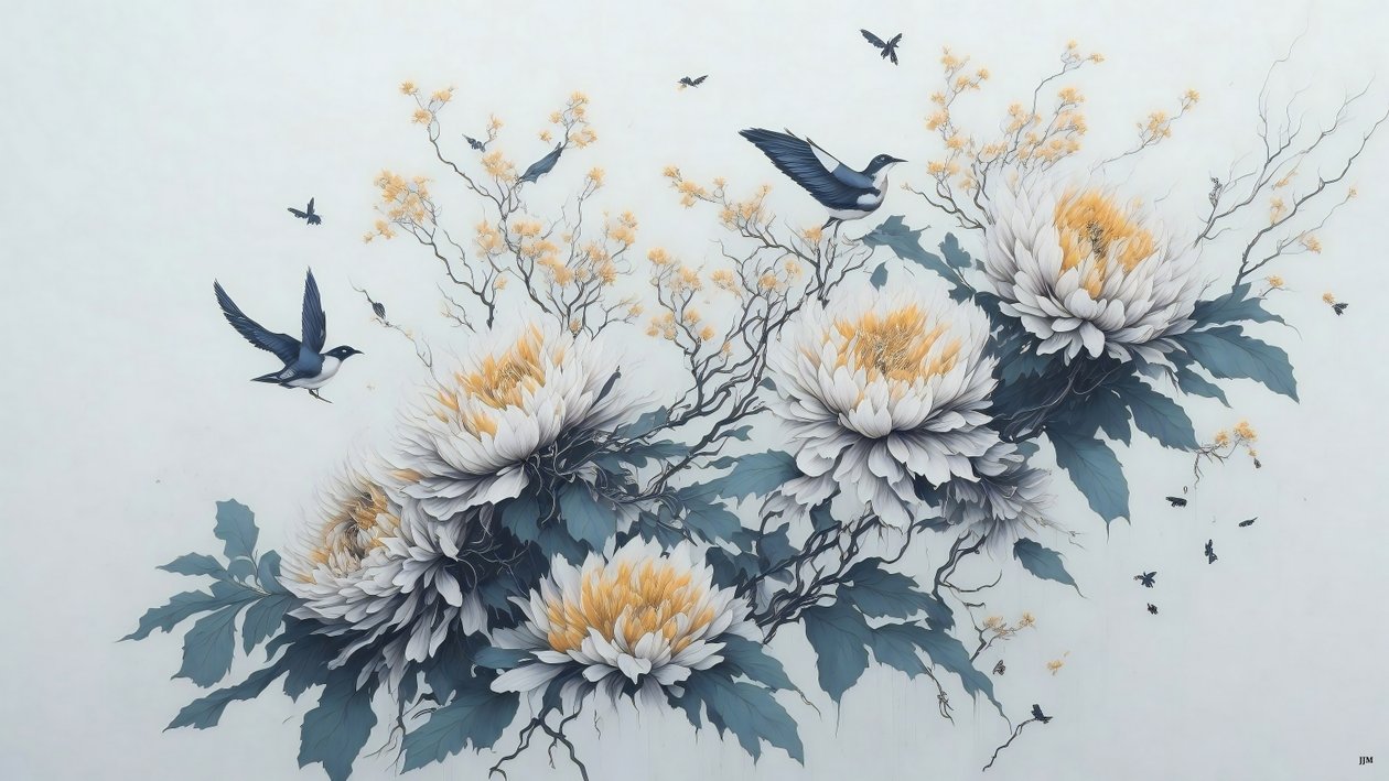 pintura a tinta: flor de crisântemo em branco_02 de Josef Johann Michel
