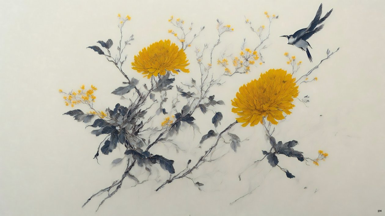 pintura a tinta: flor de crisântemo em amarelo_01 de Josef Johann Michel